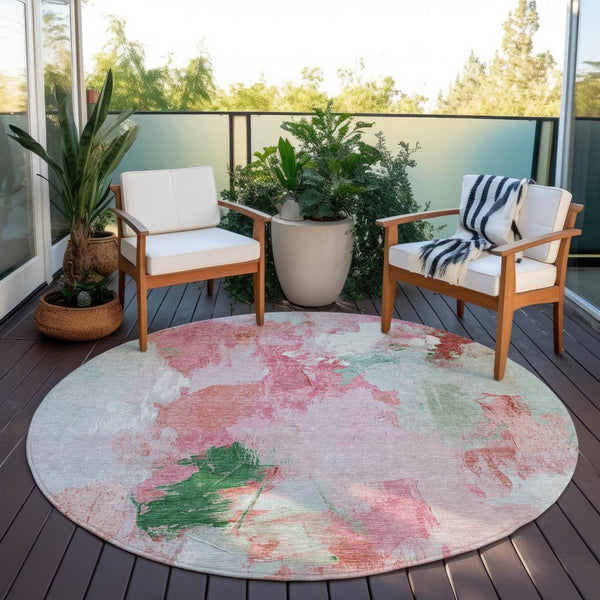 HomeRoots 8' Blush and Green Round Abstract Area Rug - Stylish, Washable, Perfect for Indoor and Outdoor Spaces! 625609
