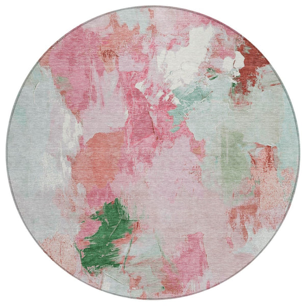 HomeRoots 8' Blush and Green Round Abstract Area Rug - Stylish, Washable, Perfect for Indoor and Outdoor Spaces! 625609