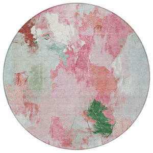 HomeRoots 8' Blush and Green Round Abstract Area Rug - Stylish, Washable, Perfect for Indoor and Outdoor Spaces! 625609