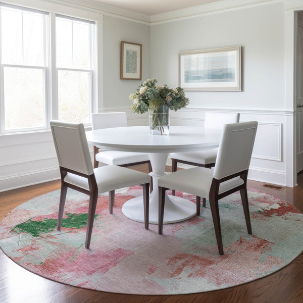 HomeRoots 8' Blush and Green Round Abstract Area Rug - Stylish, Washable, Perfect for Indoor and Outdoor Spaces! 625609