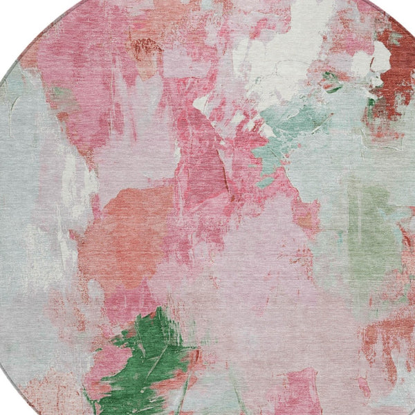 HomeRoots 8' Blush and Green Round Abstract Area Rug - Stylish, Washable, Perfect for Indoor and Outdoor Spaces! 625609