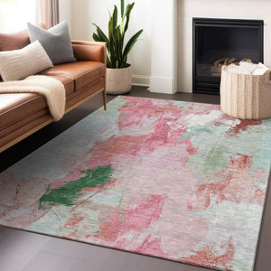 HomeRoots 9' X 12' Blush & Green Abstract Washable Area Rug – Stylish, Stain-Resistant for Indoor/Outdoor Use! 625611