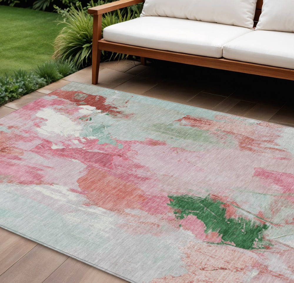 HomeRoots 10' X 14' Blush and Green Abstract Washable Area Rug – Stylish, Durable, Perfect for Indoor & Outdoor Use 625612
