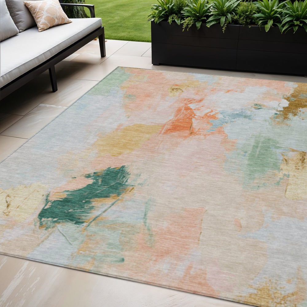HomeRoots 5' X 8' Abstract Washable Indoor Outdoor Area Rug in Peach & Teal Blue - Durable, Stylish, Versatile! 625614