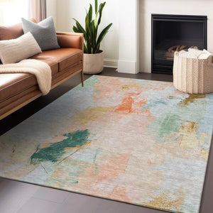 HomeRoots 5' X 8' Abstract Washable Indoor Outdoor Area Rug in Peach & Teal Blue - Durable, Stylish, Versatile! 625614