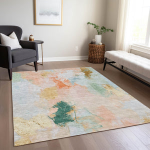 HomeRoots 5' X 8' Abstract Washable Indoor Outdoor Area Rug in Peach & Teal Blue - Durable, Stylish, Versatile! 625614
