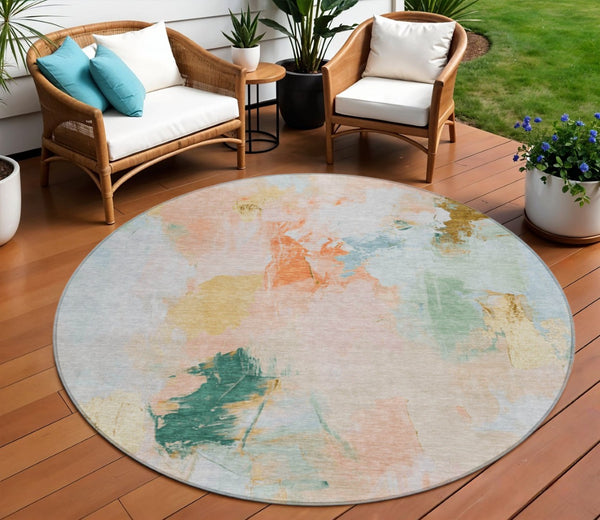 HomeRoots 8' Stylish Peach and Teal Blue Round Abstract Washable Rug for Indoor & Outdoor Living Spaces 625615