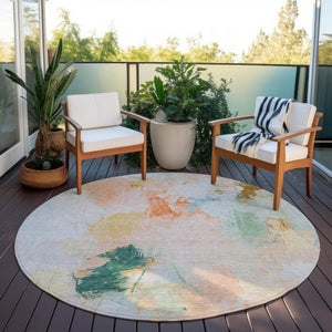 HomeRoots 8' Stylish Peach and Teal Blue Round Abstract Washable Rug for Indoor & Outdoor Living Spaces 625615