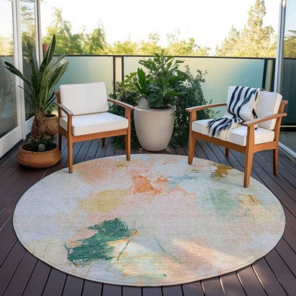 HomeRoots 8' Stylish Peach and Teal Blue Round Abstract Washable Rug for Indoor & Outdoor Living Spaces 625615