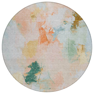 HomeRoots 8' Stylish Peach and Teal Blue Round Abstract Washable Rug for Indoor & Outdoor Living Spaces 625615