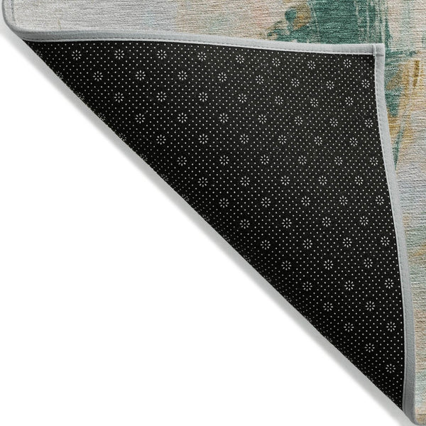 HomeRoots 8' Stylish Peach and Teal Blue Round Abstract Washable Rug for Indoor & Outdoor Living Spaces 625615