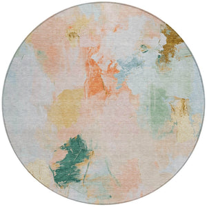 HomeRoots 8' Stylish Peach and Teal Blue Round Abstract Washable Rug for Indoor & Outdoor Living Spaces 625615