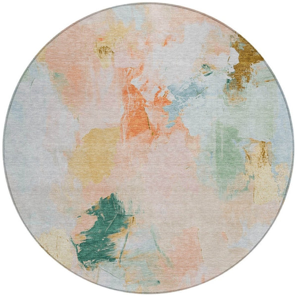 HomeRoots 8' Stylish Peach and Teal Blue Round Abstract Washable Rug for Indoor & Outdoor Living Spaces 625615