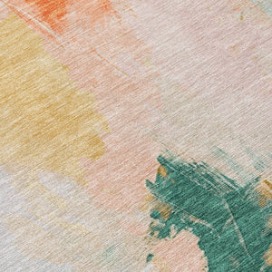 HomeRoots 8' Stylish Peach and Teal Blue Round Abstract Washable Rug for Indoor & Outdoor Living Spaces 625615