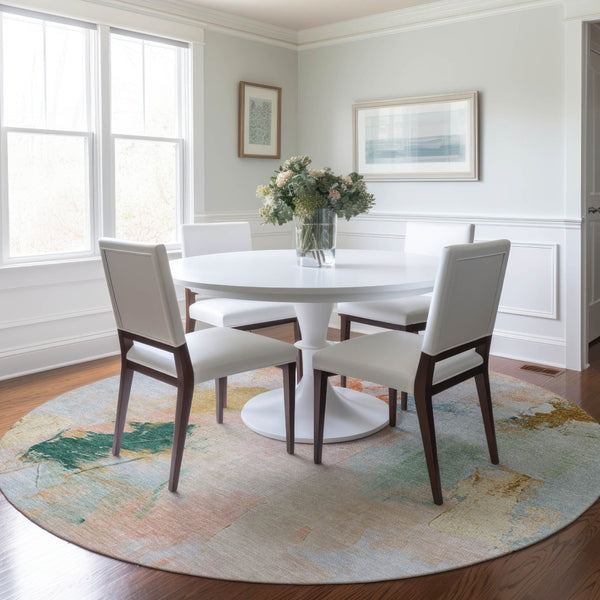 HomeRoots 8' Stylish Peach and Teal Blue Round Abstract Washable Rug for Indoor & Outdoor Living Spaces 625615