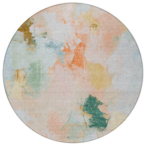 HomeRoots 8' Stylish Peach and Teal Blue Round Abstract Washable Rug for Indoor & Outdoor Living Spaces 625615