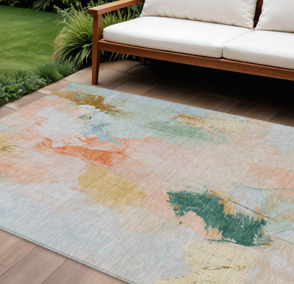 HomeRoots 9' X 12' Stylish Peach and Teal Abstract Area Rug – Durable, Washable, Perfect for Indoor & Outdoor Use 625617