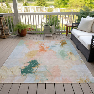 HomeRoots 10' X 14' Abstract Peach and Teal Blue Washable Rug - Indoor/Outdoor, Stain-Resistant, Durable Design! 625618