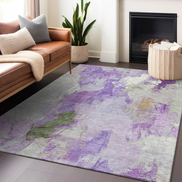 HomeRoots 5' Vibrant Purple and Green Abstract Area Rug – Washable, Durable, Indoor/Outdoor Versatility! 625620