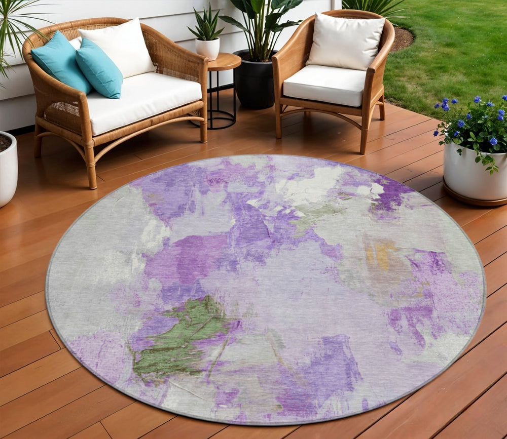 HomeRoots 8' Abstract Round Area Rug in Vibrant Purple and Green - Washable, Durable, Indoor/Outdoor Use 625621