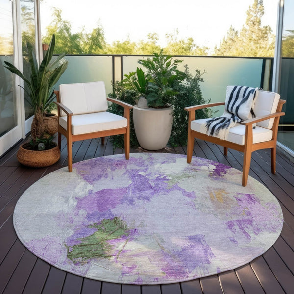 HomeRoots 8' Abstract Round Area Rug in Vibrant Purple and Green - Washable, Durable, Indoor/Outdoor Use 625621