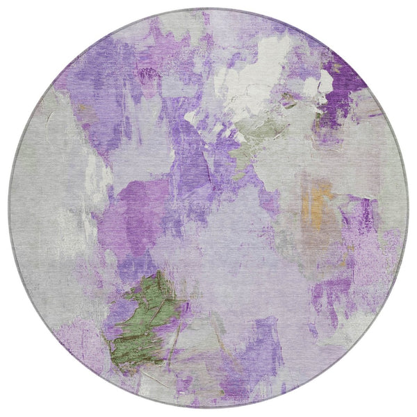 HomeRoots 8' Abstract Round Area Rug in Vibrant Purple and Green - Washable, Durable, Indoor/Outdoor Use 625621
