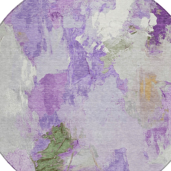 HomeRoots 8' Abstract Round Area Rug in Vibrant Purple and Green - Washable, Durable, Indoor/Outdoor Use 625621