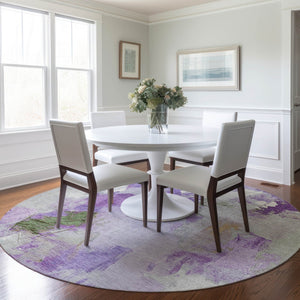HomeRoots 8' Abstract Round Area Rug in Vibrant Purple and Green - Washable, Durable, Indoor/Outdoor Use 625621