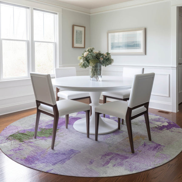 HomeRoots 8' Abstract Round Area Rug in Vibrant Purple and Green - Washable, Durable, Indoor/Outdoor Use 625621