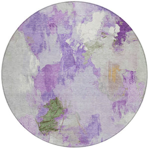 HomeRoots 8' Abstract Round Area Rug in Vibrant Purple and Green - Washable, Durable, Indoor/Outdoor Use 625621
