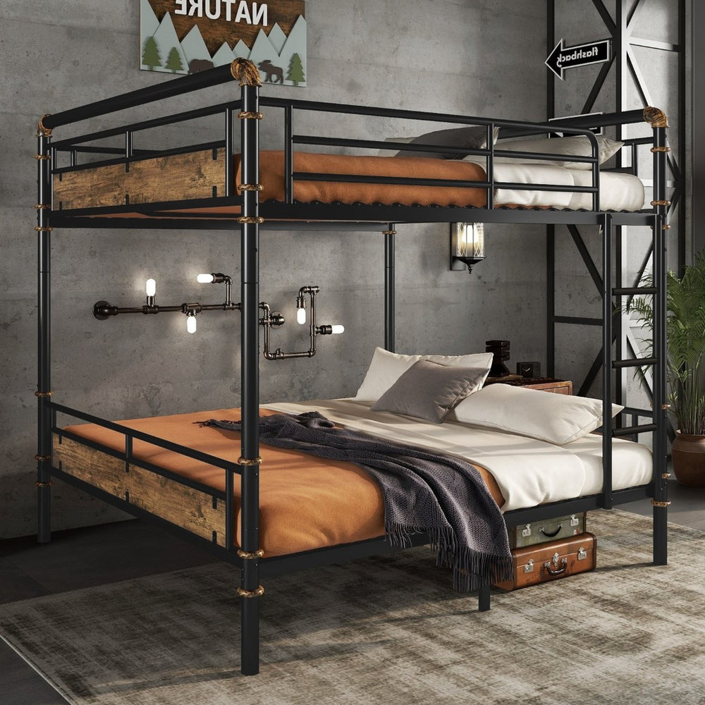 English Elm Queen Metal Bunk Bed - Industrial Queen Over Queen Design With Safety Rails For Teens & Guests W2580S00019-GIGA