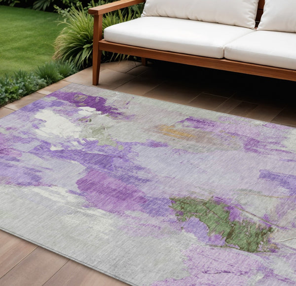 HomeRoots 9' x 12' Abstract Washable Purple and Green Area Rug – Stylish, Durable, Indoor/Outdoor Design! 625623