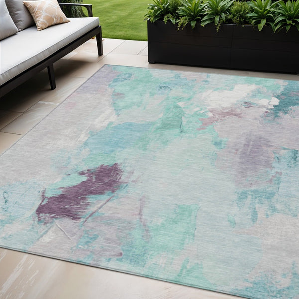 HomeRoots 5' X 8' Teal Blue and Lavender Abstract Area Rug – Modern, Washable, Stylish for Indoor & Outdoor Use 625626