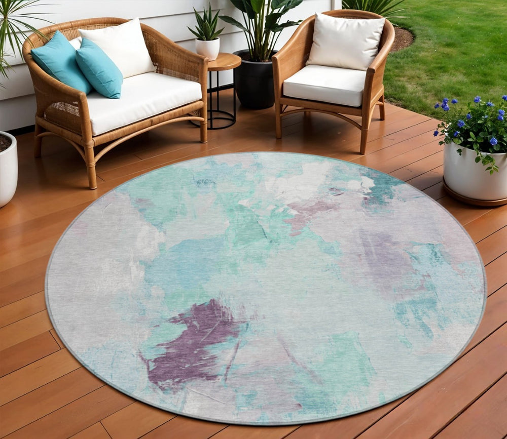 HomeRoots 8' Teal Blue & Lavender Abstract Round Rug - Washable, Durable Design for Indoor & Outdoor Spaces 625627