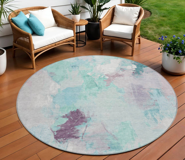 HomeRoots 8' Teal Blue & Lavender Abstract Round Rug - Washable, Durable Design for Indoor & Outdoor Spaces 625627