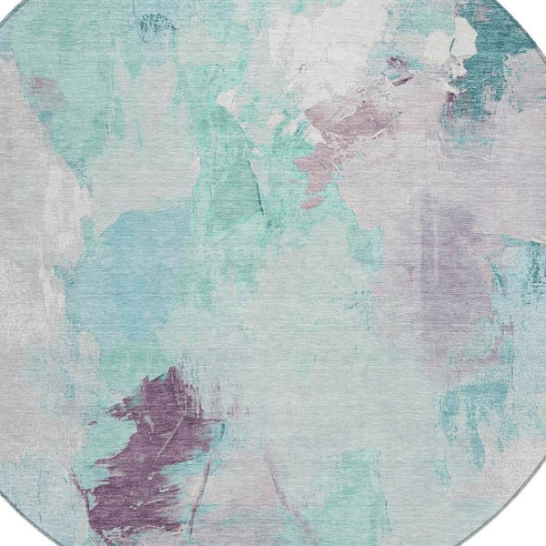 HomeRoots 8' Teal Blue & Lavender Abstract Round Rug - Washable, Durable Design for Indoor & Outdoor Spaces 625627