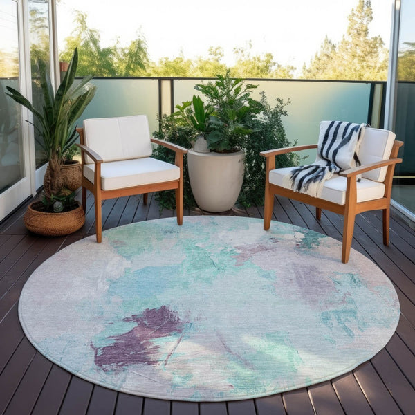 HomeRoots 8' Teal Blue & Lavender Abstract Round Rug - Washable, Durable Design for Indoor & Outdoor Spaces 625627