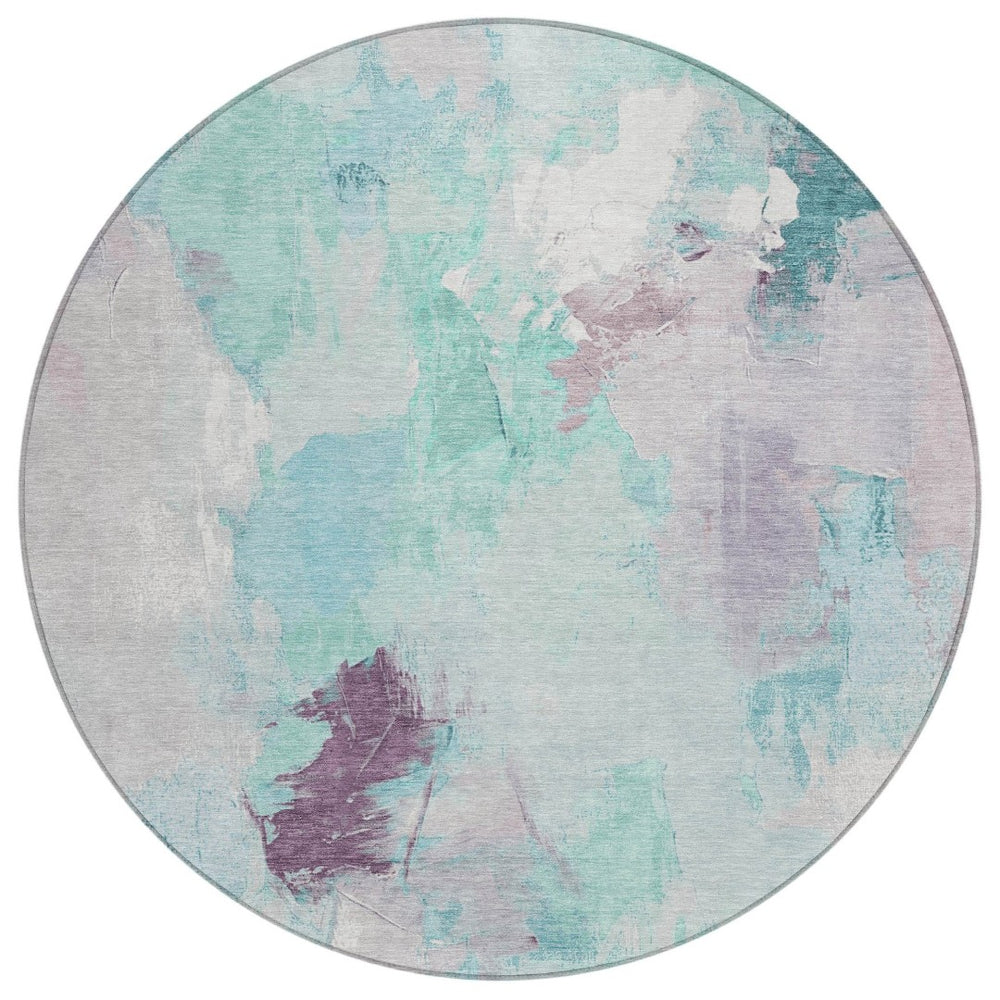 HomeRoots 8' Teal Blue & Lavender Abstract Round Rug - Washable, Durable Design for Indoor & Outdoor Spaces 625627