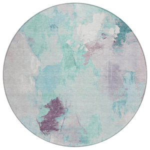 HomeRoots 8' Teal Blue & Lavender Abstract Round Rug - Washable, Durable Design for Indoor & Outdoor Spaces 625627