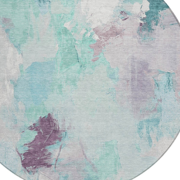 HomeRoots 8' Teal Blue & Lavender Abstract Round Rug - Washable, Durable Design for Indoor & Outdoor Spaces 625627