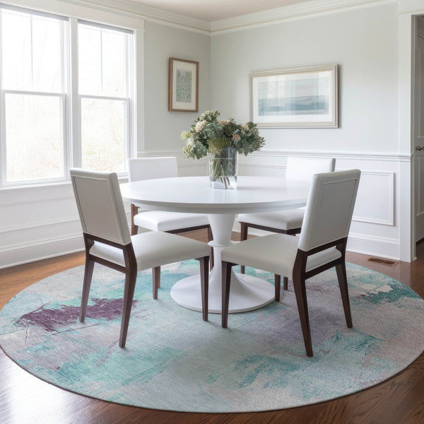 HomeRoots 8' Teal Blue & Lavender Abstract Round Rug - Washable, Durable Design for Indoor & Outdoor Spaces 625627