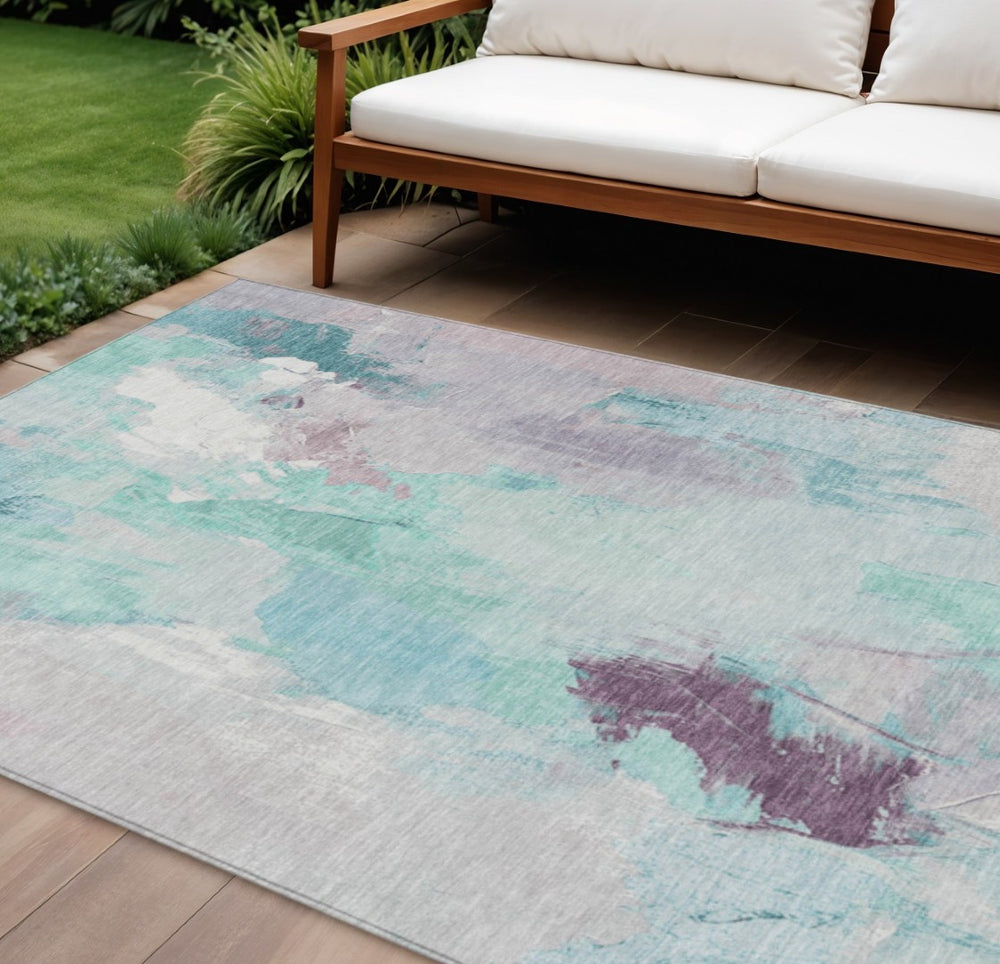 HomeRoots 10' Teal Blue & Lavender Abstract Washable Area Rug – Stylish, Durable & Easy Care for Indoors/Outdoors 625630