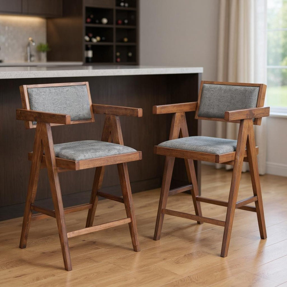 HomeRoots Set of Two Gray Upholstered Low Back Bar Chairs with Solid Wood Frame for Stylish Comfort 625640