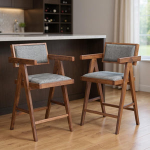 HomeRoots Set of Two Gray Upholstered Low Back Bar Chairs with Solid Wood Frame for Stylish Comfort 625640
