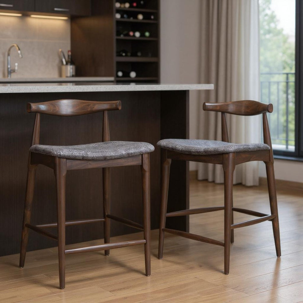 HomeRoots Set of Two Stylish Gray Solid Wood Bar Chairs with Comfortable Upholstered Bucket Seats 625641