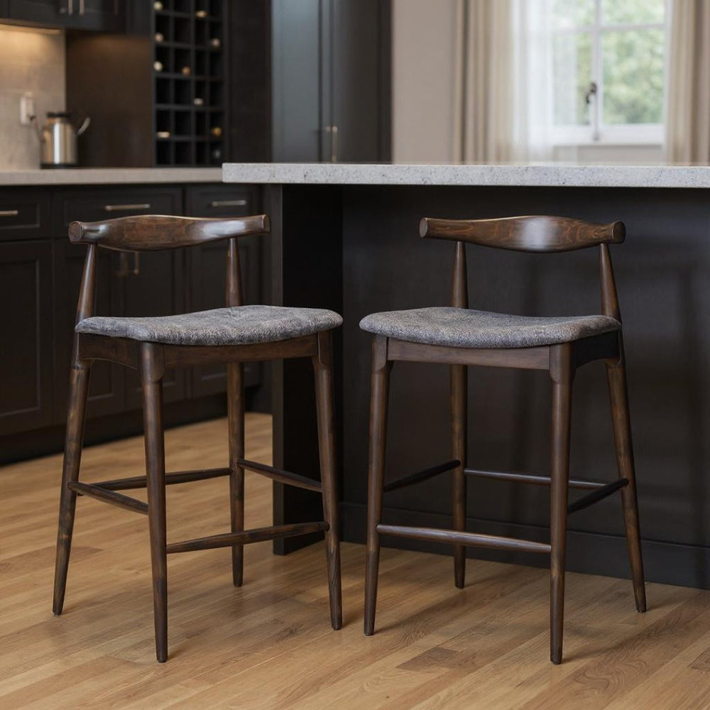 HomeRoots Set of Two Gray Solid Wood Low Back Bar Chairs with Plush Fabric Seat for Modern Comfort 625642