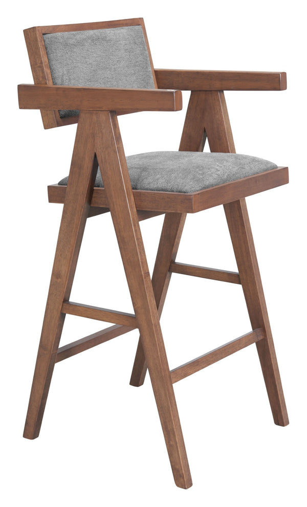 HomeRoots Set of Two Gray Fabric Low-Back Bar Chairs with Solid Wood Legs for Modern Kitchen & Café Style 625644