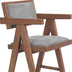 HomeRoots Set of Two Gray Fabric Low-Back Bar Chairs with Solid Wood Legs for Modern Kitchen & Café Style 625644