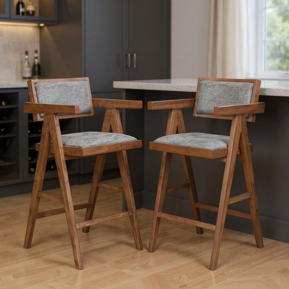 HomeRoots Set of Two Gray Fabric Low-Back Bar Chairs with Solid Wood Legs for Modern Kitchen & Café Style 625644