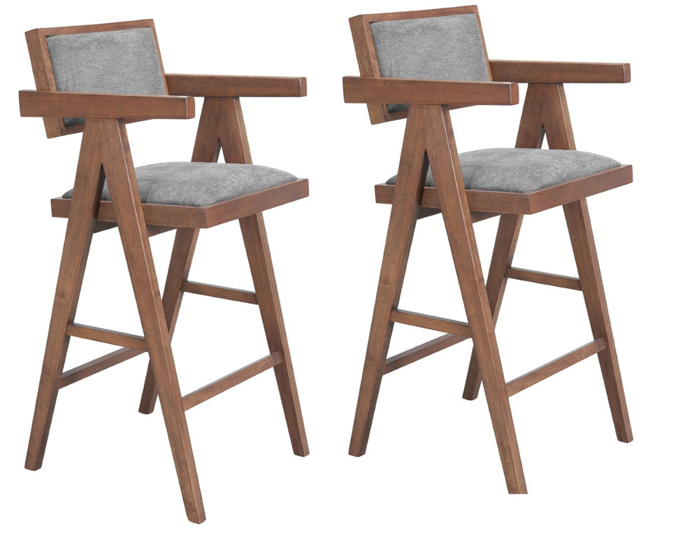 HomeRoots Set of Two Gray Fabric Low-Back Bar Chairs with Solid Wood Legs for Modern Kitchen & Café Style 625644